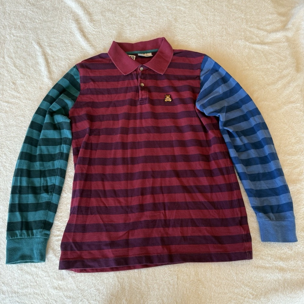 Teddy Fresh Color Block Stripe Polo Shirt Sz Medium long sleeve retro Logo‎